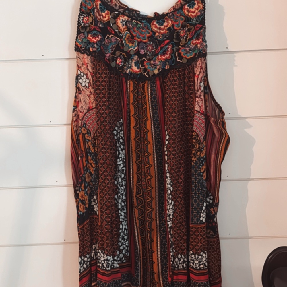 Anthropologie Red and Orange Embellished Tank Top with Bib Collar
